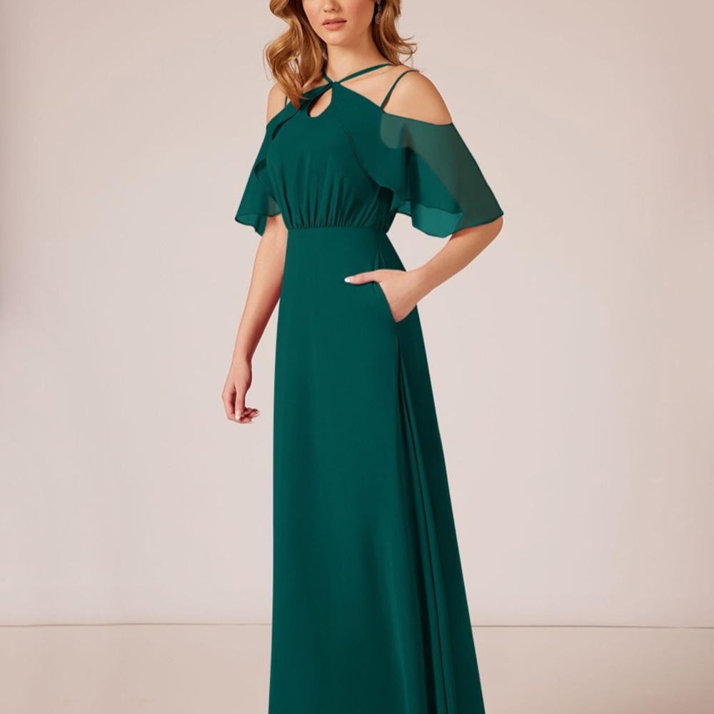 Azazie Adele Pine Green Cold-Shoulder Maxi Dress